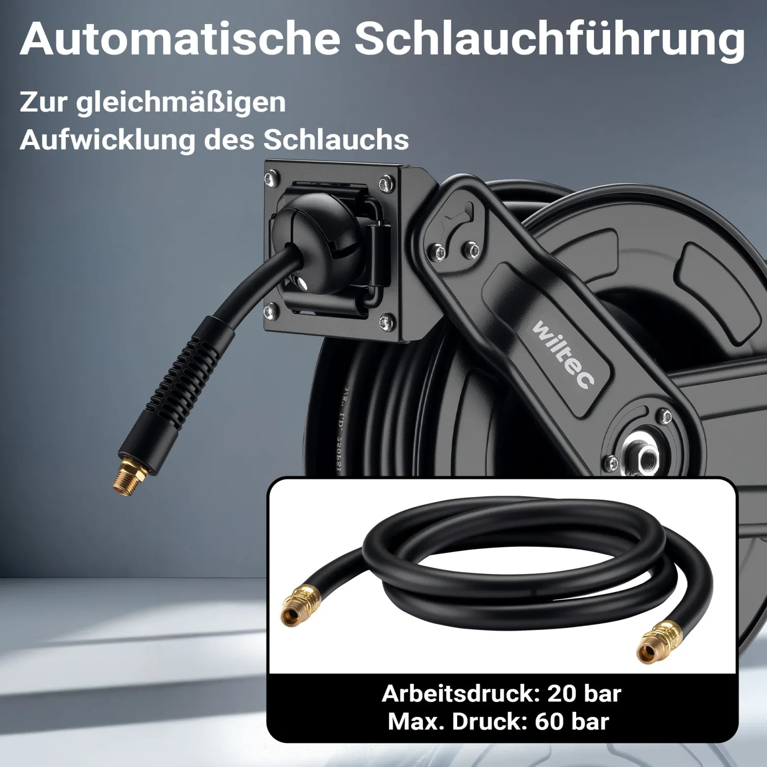 Wiltec Druckluft Schlauchtrommel 15 m, automatische Druckluftschlauchtrommel Stahl, 20 bar Drucklufttrommel, Schlauchaufroller einfache Montage