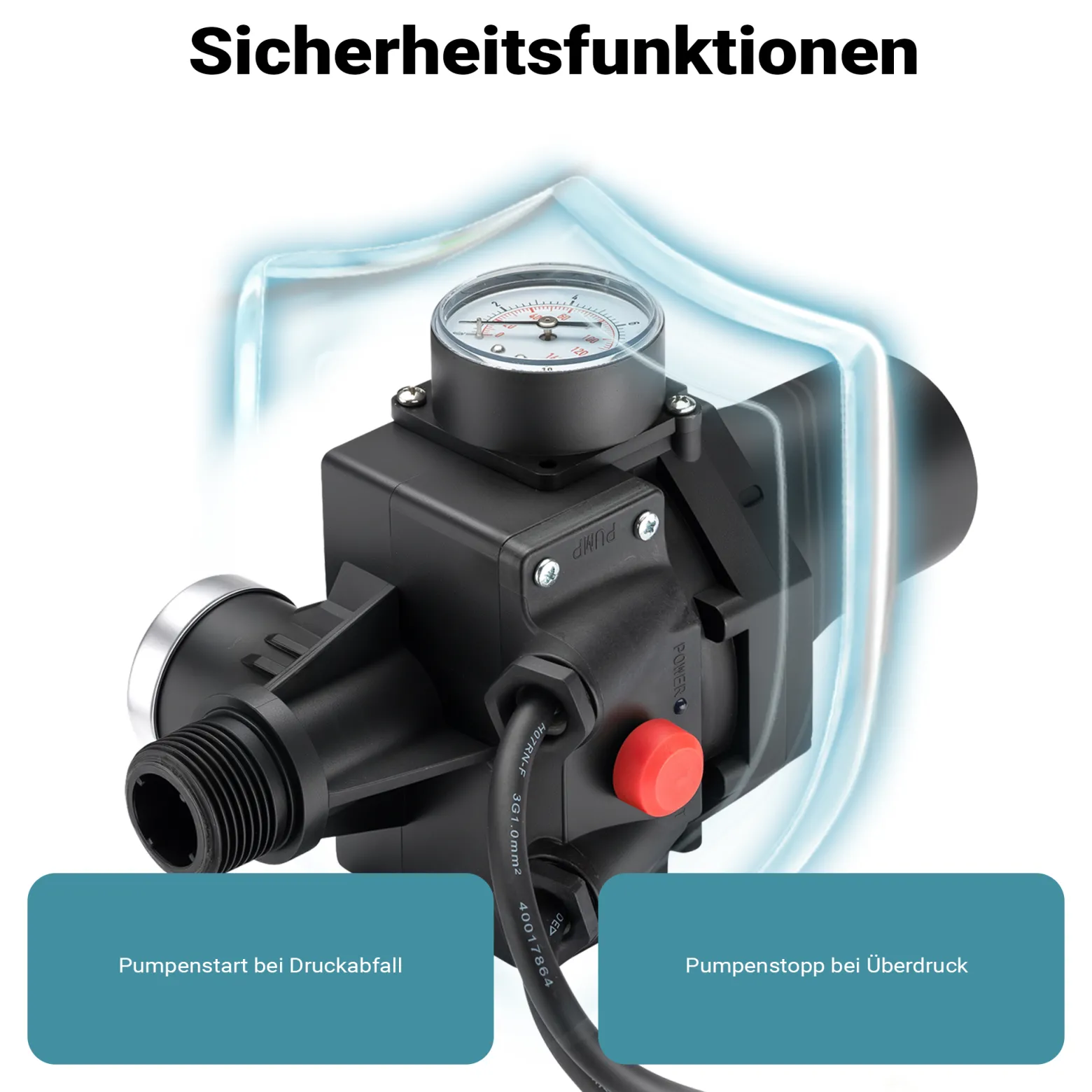 Wiltec Druckschalter mit Kabel SKD-3 230V bis 10 bar, Druckwächter mit Trockenlaufschutz für Hauswasserwerke und Pumpen, zuverlässige Pumpensteuerung