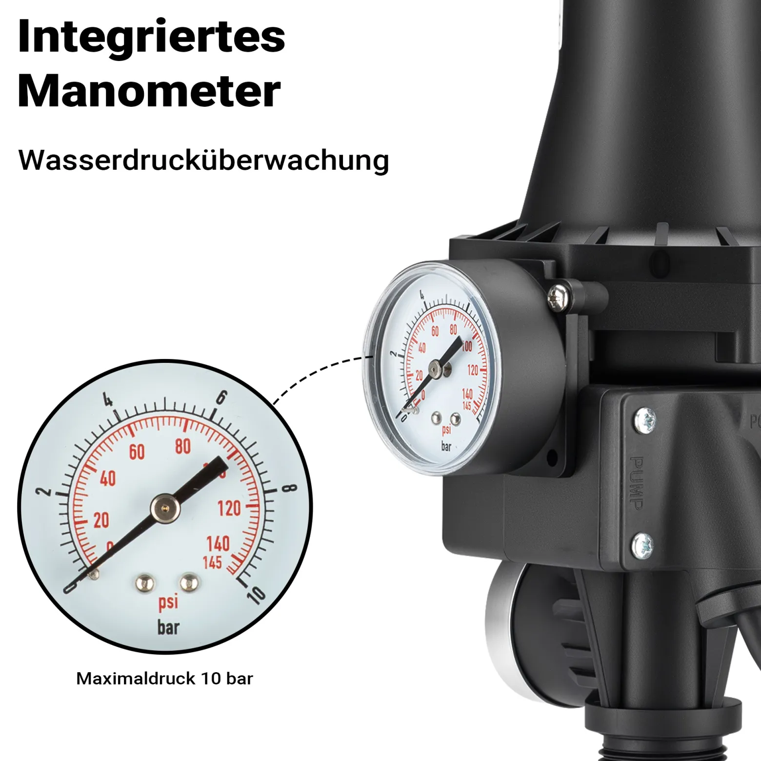 Wiltec Druckschalter mit Kabel SKD-3 230V bis 10 bar, Druckwächter mit Trockenlaufschutz für Hauswasserwerke und Pumpen, zuverlässige Pumpensteuerung