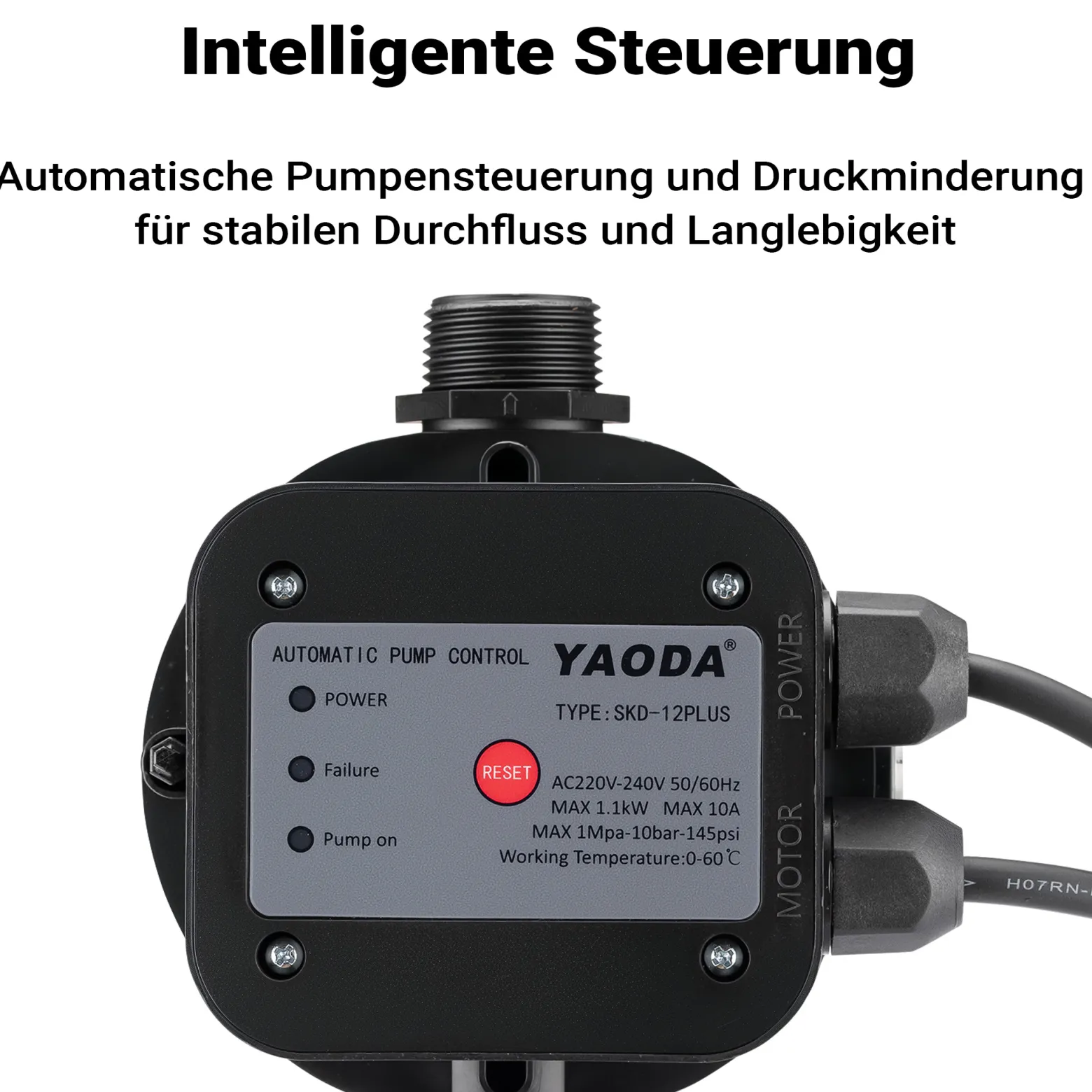 Wiltec Druckschalter mit Kabel EPC-5 230V 1-phasig bis 10 bar, Druckwächter mit Trockenlaufschutz für Hauswasserwerke und Pumpen, zuverlässige Pumpensteuerung