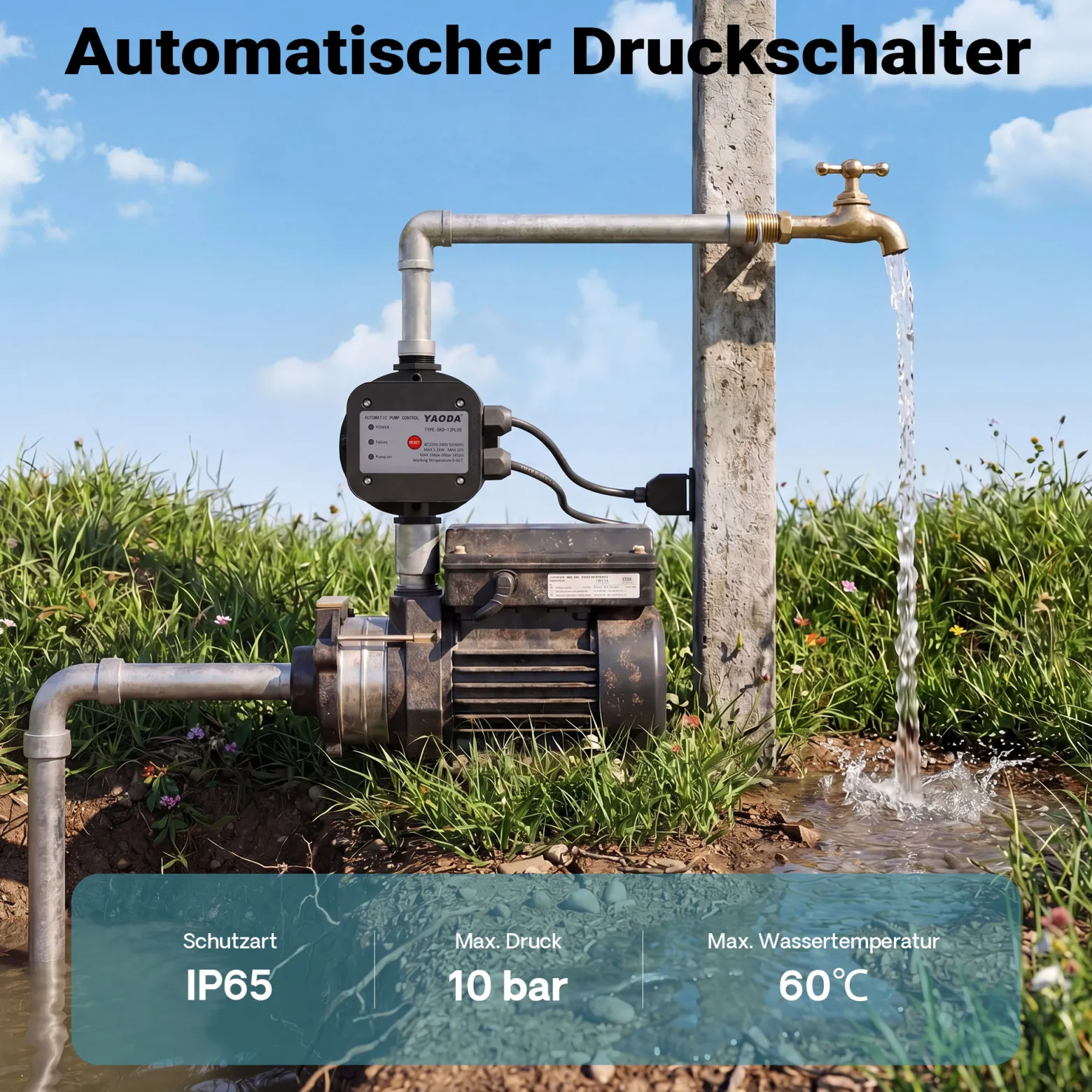 Wiltec Druckschalter mit Kabel EPC-5 230V 1-phasig bis 10 bar, Druckwächter mit Trockenlaufschutz für Hauswasserwerke und Pumpen, zuverlässige Pumpensteuerung
