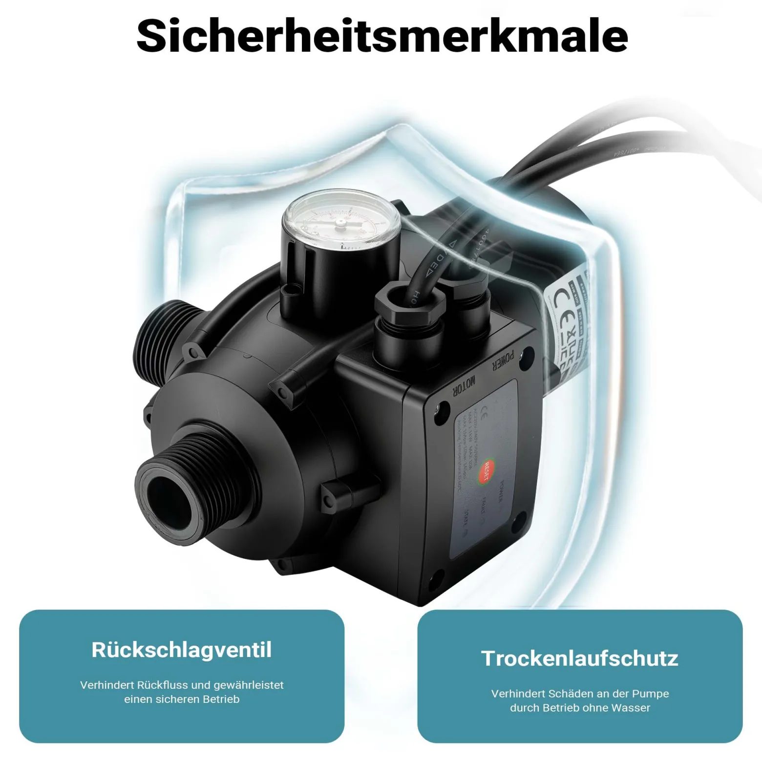 Wiltec Druckschalter mit Kabel EPC-2 230V bis 10 bar, Druckwächter mit Trockenlaufschutz für Hauswasserwerke und Pumpen, zuverlässige Pumpensteuerung