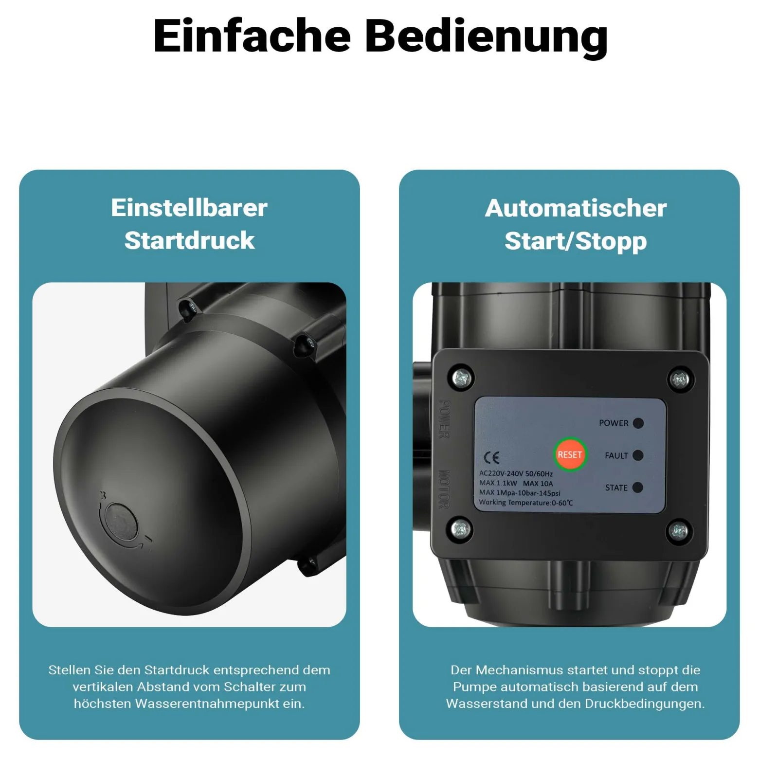 Wiltec Druckschalter mit Kabel EPC-2 230V bis 10 bar, Druckwächter mit Trockenlaufschutz für Hauswasserwerke und Pumpen, zuverlässige Pumpensteuerung