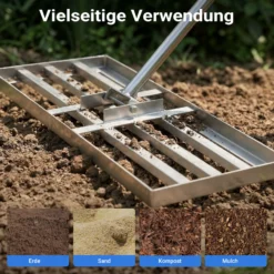 Wiltec Edelstahl Rasenrakel mit Stiel Größe L, Flächenebner 35 x 75 x 2,8 cm Unebenheiten im Rasen ausgleichen, Leveler Gartengerät zum Rasen sanden