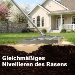 Wiltec Edelstahl Rasenrakel mit Stiel Größe L, Flächenebner 35 x 75 x 2,8 cm Unebenheiten im Rasen ausgleichen, Leveler Gartengerät zum Rasen sanden