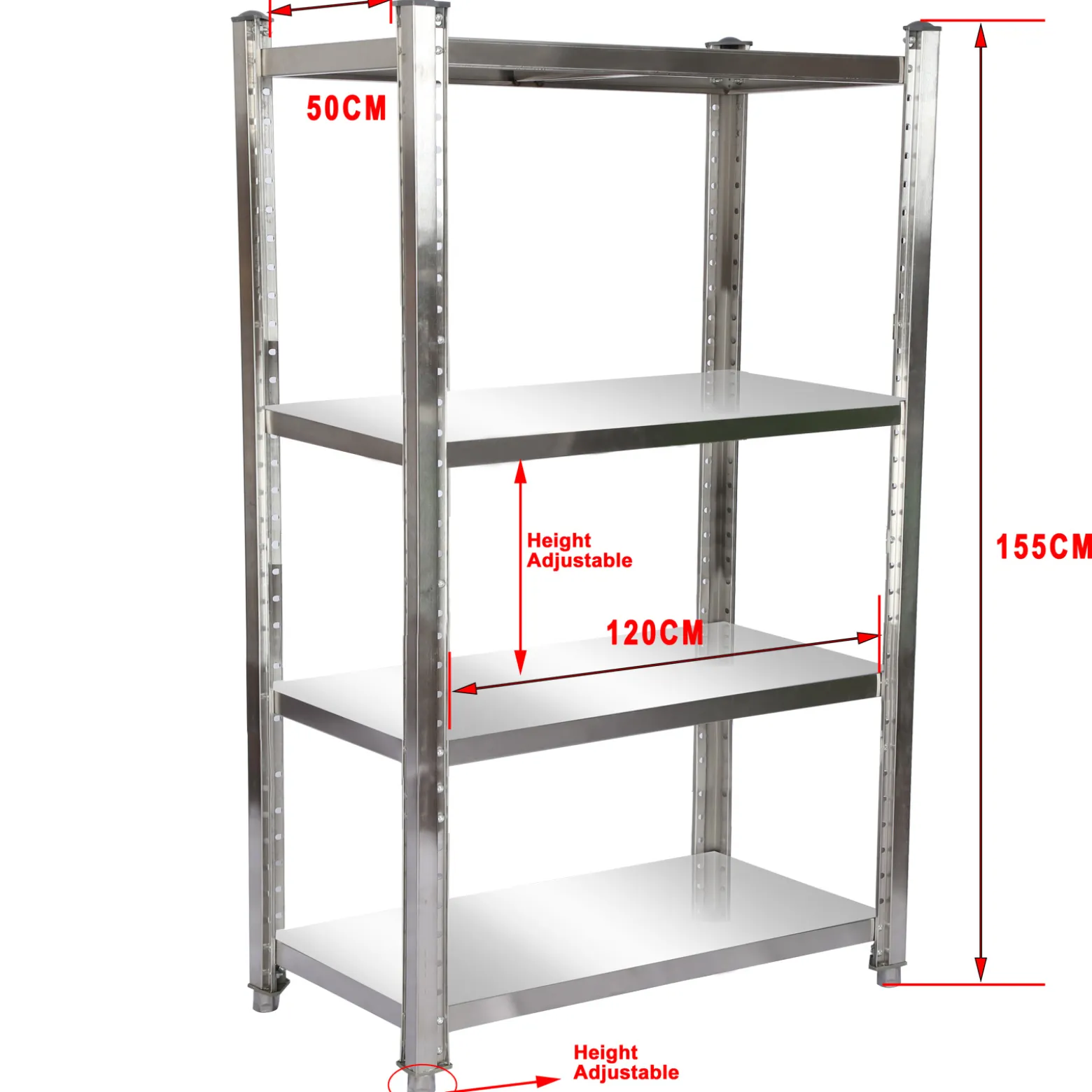 Wiltec Edelstahlregal 120x50x155cm mit 4 höhenverstellbaren Böden für den Gastronomiebereich Werkstatt Keller Lagerregal Vorratsregal Küchenregal
