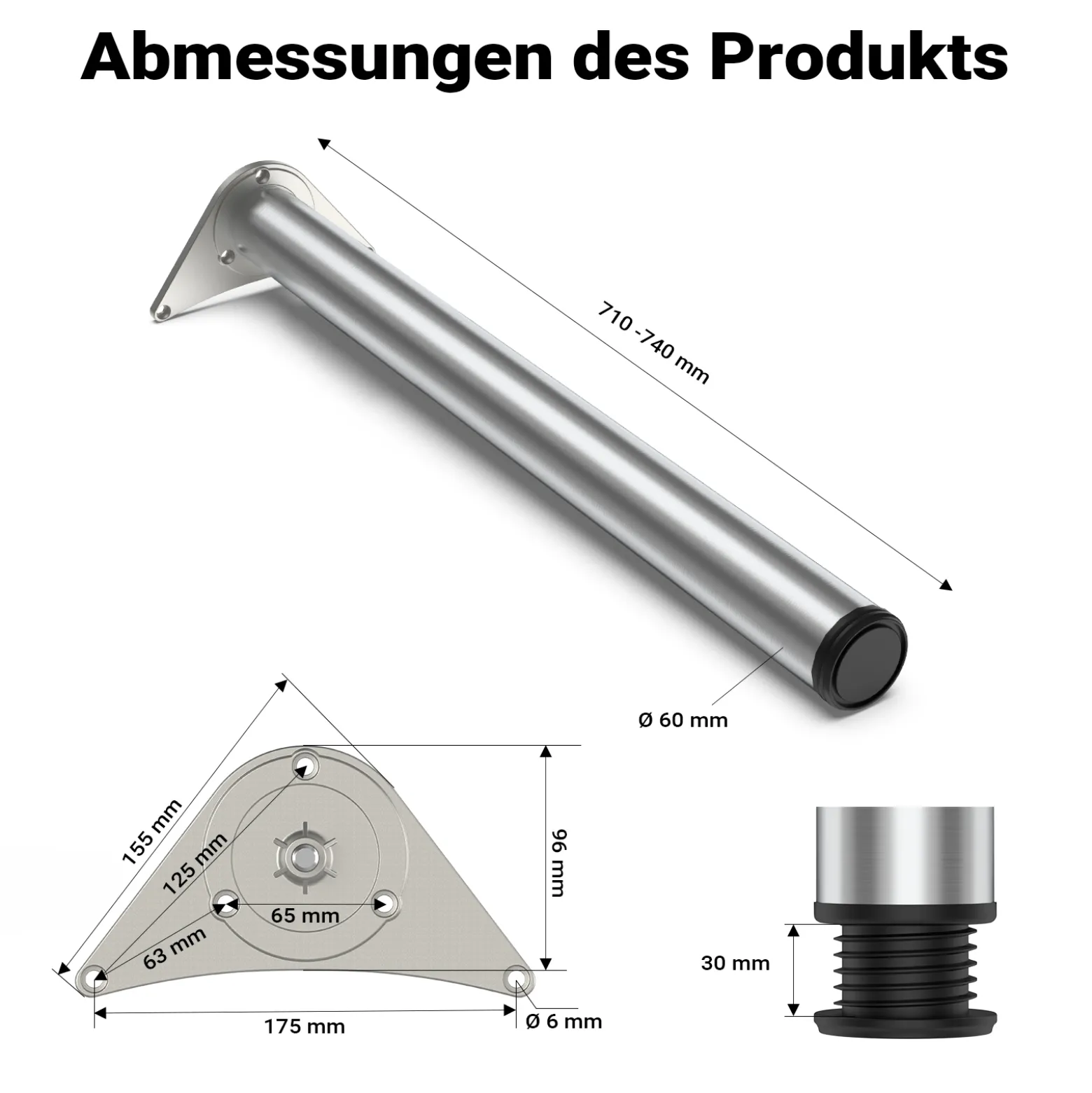 Wiltec Edelstahl Tischbein 4er Set Möbelfuss Verstellbar Ø60mm 710mm Nickel