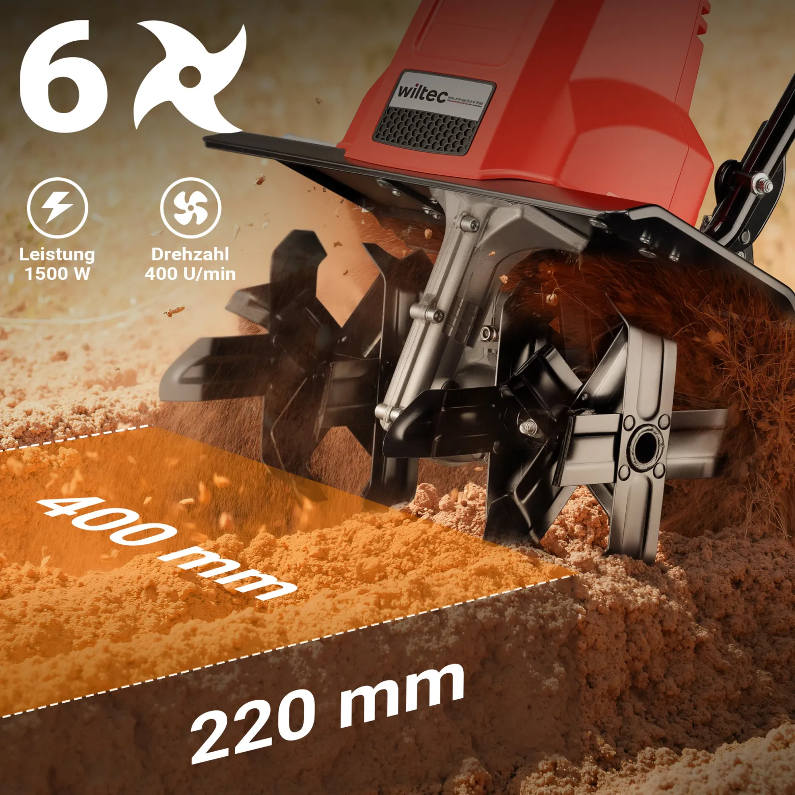 Wiltec Elektro Gartenhacke 1500 W mit 400 U/min, elektrische Gartenfräse mit 220 mm Arbeitstiefe, Motorhacke mit 24 Klingen, Bodenfräse auf Rädern