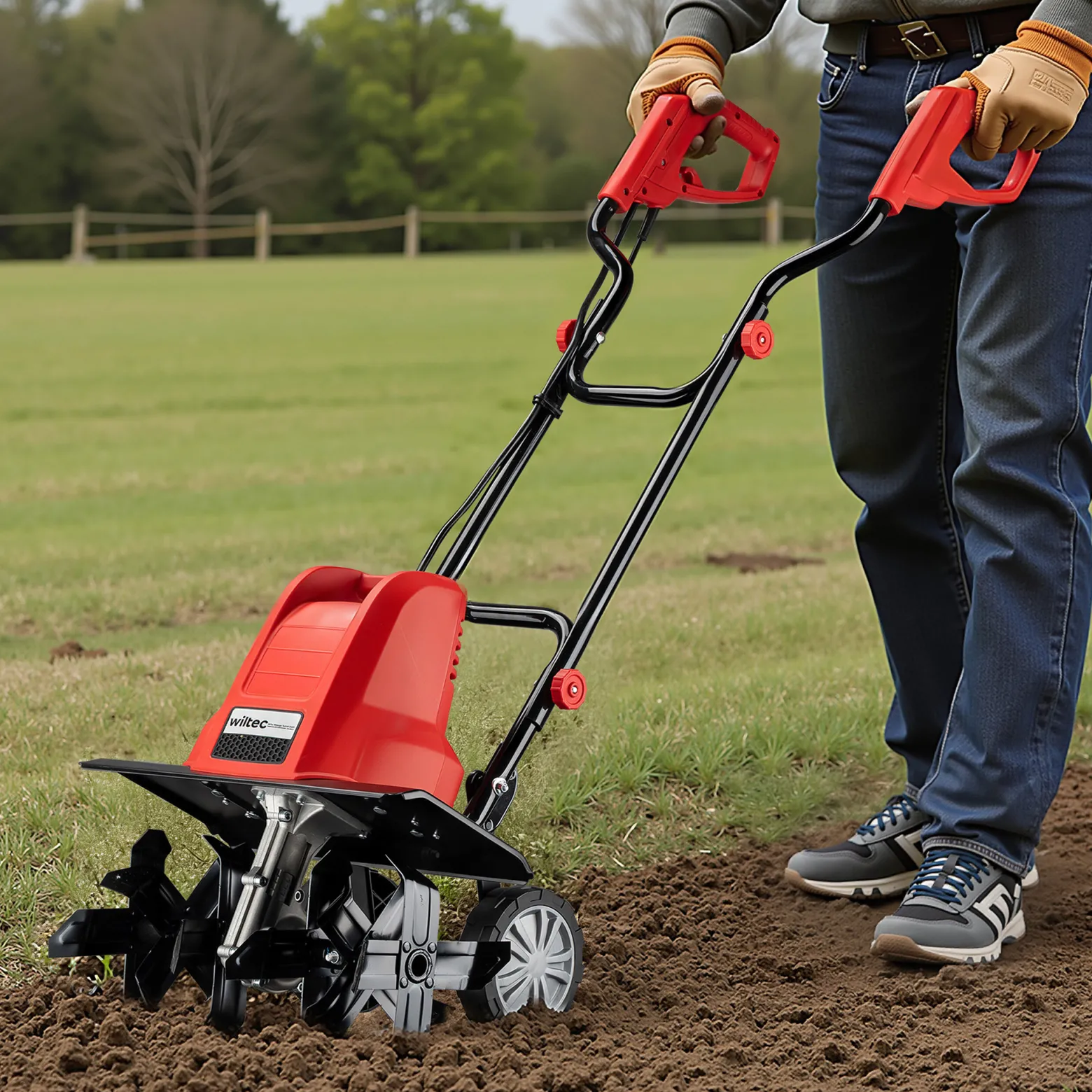Wiltec Elektro Gartenhacke 1500 W mit 400 U/min, elektrische Gartenfräse mit 220 mm Arbeitstiefe, Motorhacke mit 24 Klingen, Bodenfräse auf Rädern