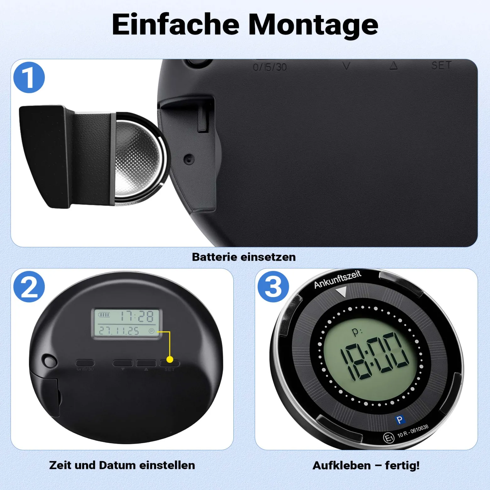 Wiltec Elektronische Parkscheibe mit Solarpanel Rund – Digitale Parkuhr mit automatischer Zeitumschaltung und KBA-Zulassung