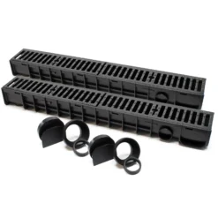 Wiltec Entwässerungsrinne 2x 1 m mit Abdeckrost aus Gusseisen – 12,5 t Traglast – Ablaufrinne für Abwasser und Regenwasser – Abwasserrinne