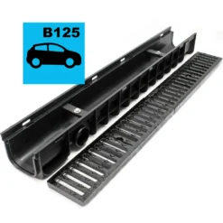 Wiltec Entwässerungsrinne 6x 1 m mit Abdeckrost aus Gusseisen – 12,5 t Traglast – Ablaufrinne für Abwasser und Regenwasser – Abwasserrinne