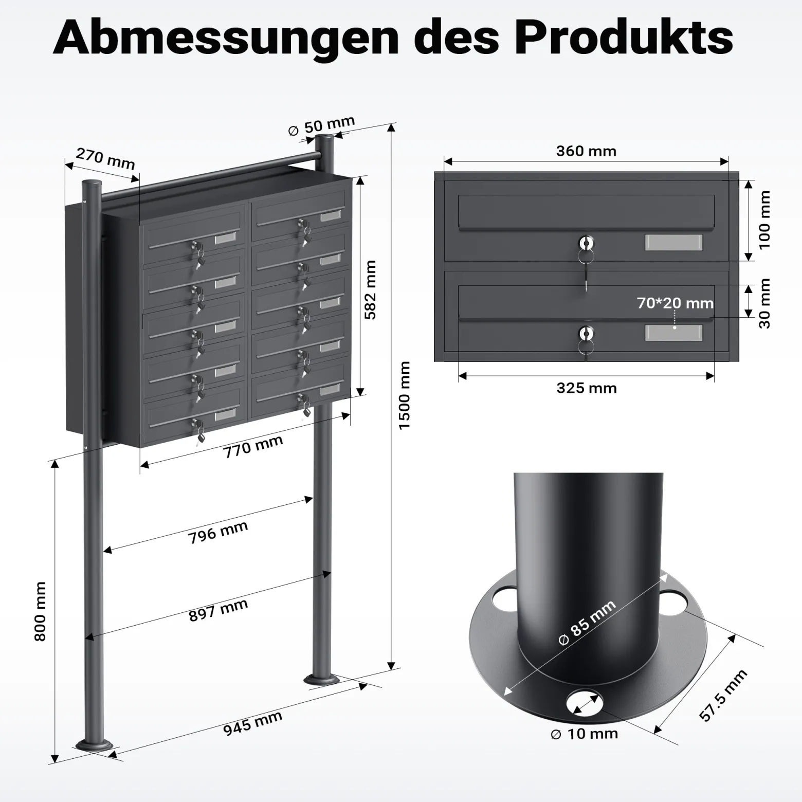 Wiltec 10er Briefkastenanlage Anthrazit 945 x 270 x 1500 mm, Standbriefkasten mit 2x5 Fächern, Schlüssel und Namensschild, Briefkasten Postkasten mit Ständer