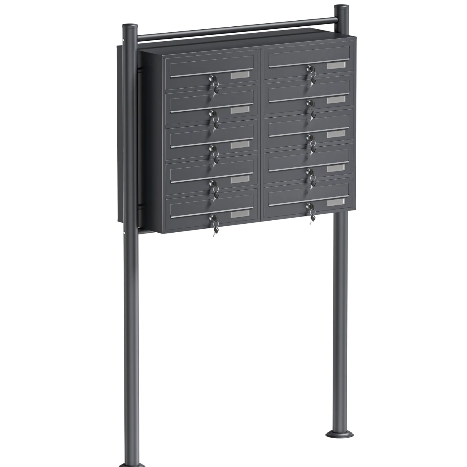 Wiltec 10er Briefkastenanlage Anthrazit 945 x 270 x 1500 mm, Standbriefkasten mit 2x5 Fächern, Schlüssel und Namensschild, Briefkasten Postkasten mit Ständer