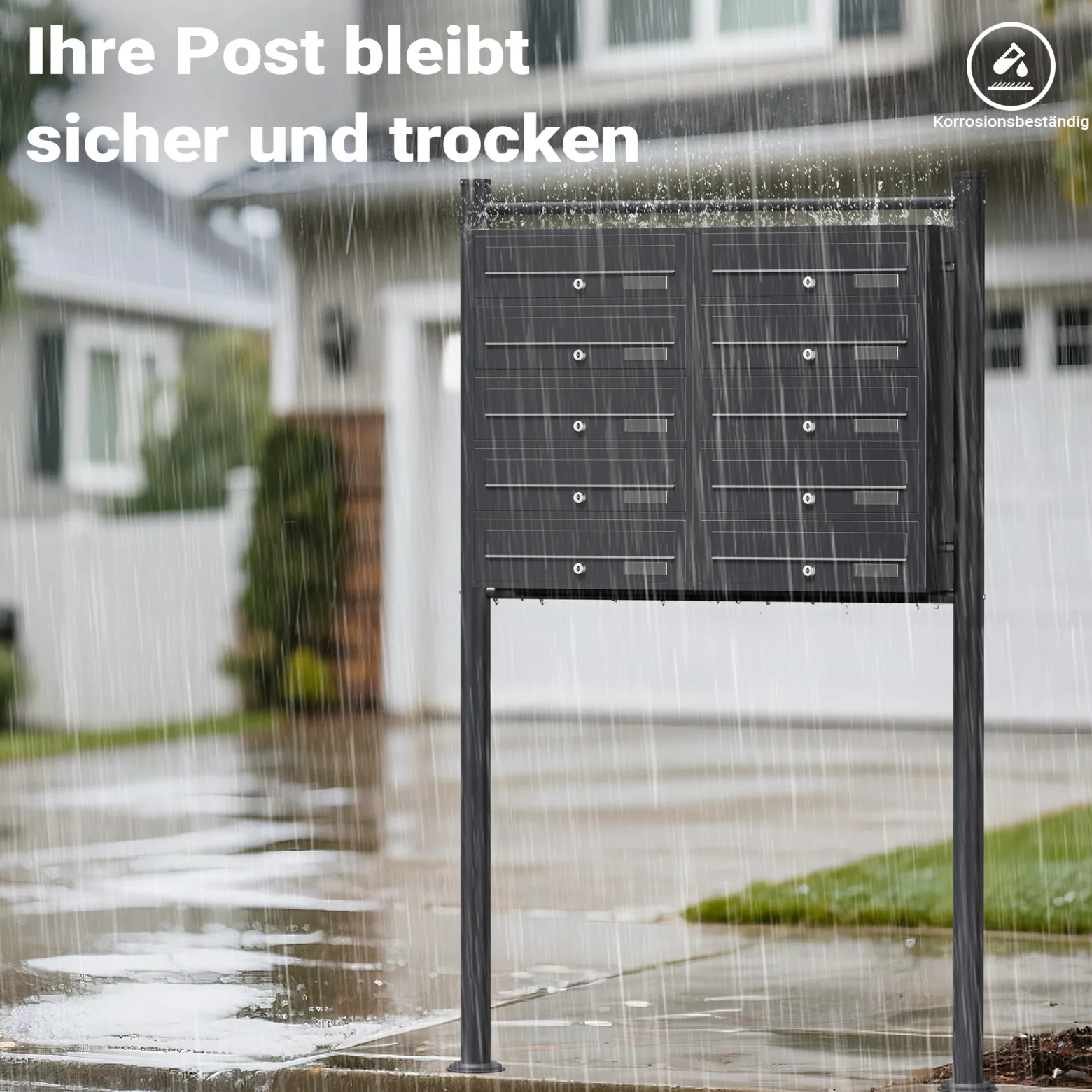Wiltec 10er Briefkastenanlage Anthrazit 945 x 270 x 1500 mm, Standbriefkasten mit 2x5 Fächern, Schlüssel und Namensschild, Briefkasten Postkasten mit Ständer