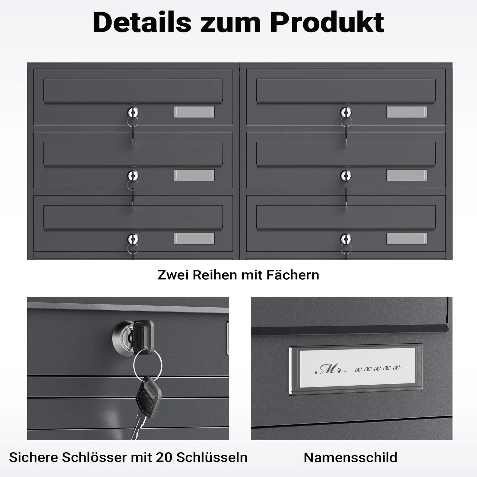 Wiltec 10er Briefkastenanlage Anthrazit 945 x 270 x 1500 mm, Standbriefkasten mit 2x5 Fächern, Schlüssel und Namensschild, Briefkasten Postkasten mit Ständer