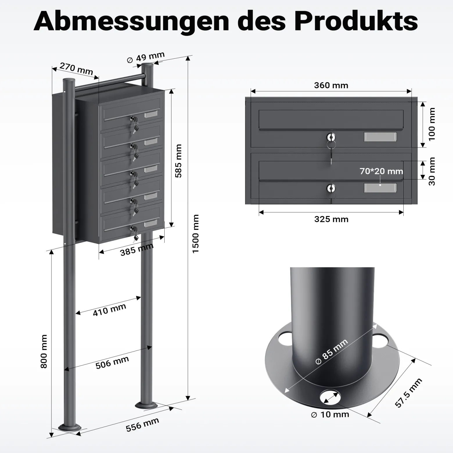 Wiltec 5er Briefkastenanlage Anthrazit 556 x 270 x 1500 mm, Standbriefkasten mit 5 Fächern, Schlüssel und Namensschild, Briefkasten Postkasten mit Ständer
