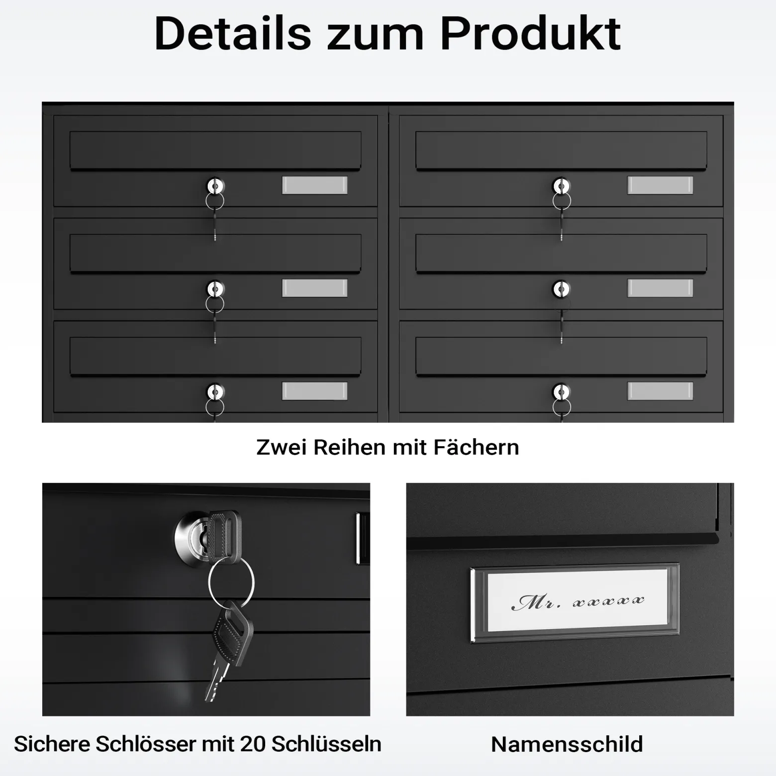 Wiltec 10er Briefkastenanlage schwarz 945 x 270 x 1500 mm, Standbriefkasten mit 2x5 Fächern, Schlüssel und Namensschild, Briefkasten Postkasten mit Ständer