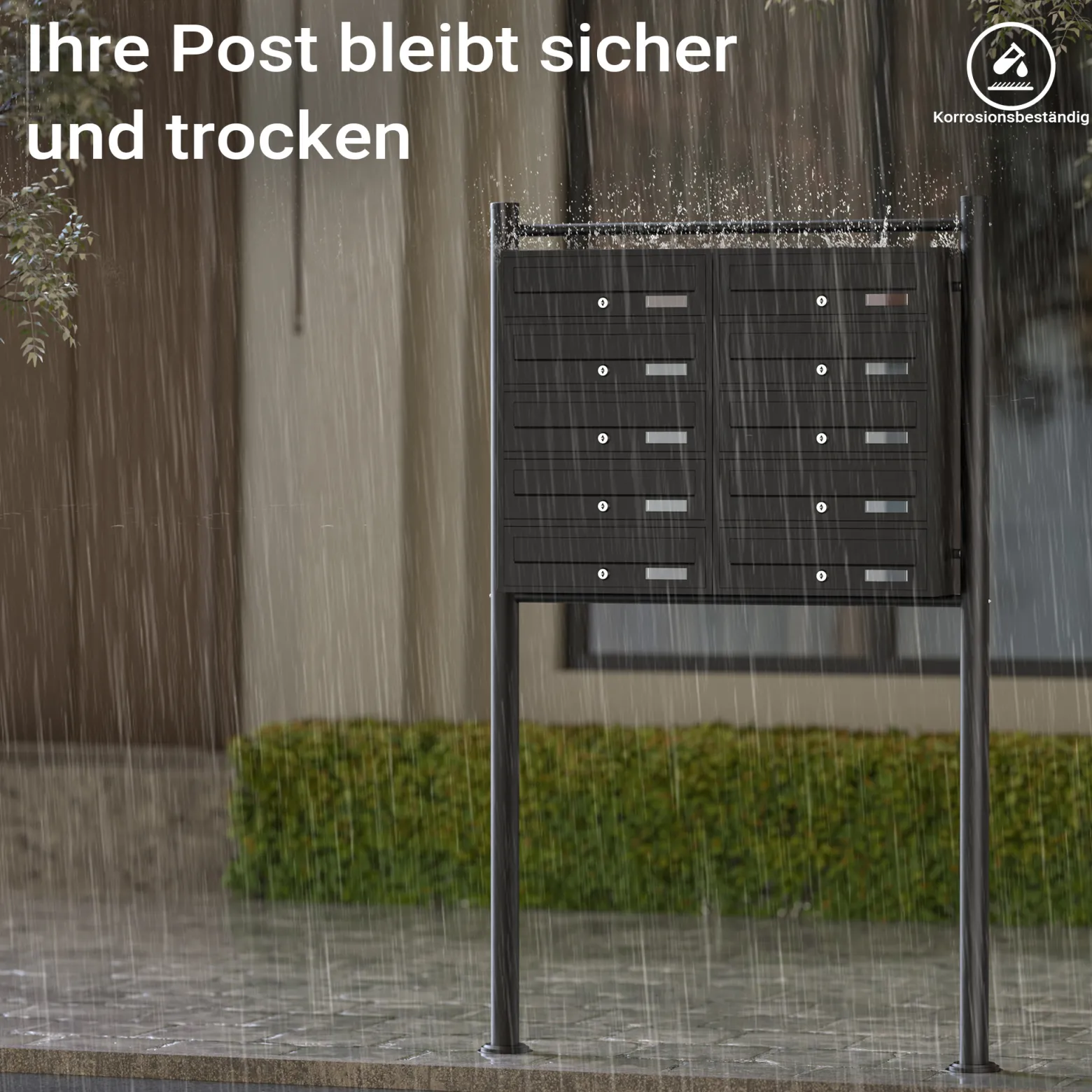 Wiltec 10er Briefkastenanlage schwarz 945 x 270 x 1500 mm, Standbriefkasten mit 2x5 Fächern, Schlüssel und Namensschild, Briefkasten Postkasten mit Ständer