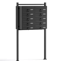Wiltec 10er Briefkastenanlage schwarz 945 x 270 x 1500 mm, Standbriefkasten mit 2x5 Fächern, Schlüssel und Namensschild, Briefkasten Postkasten mit Ständer