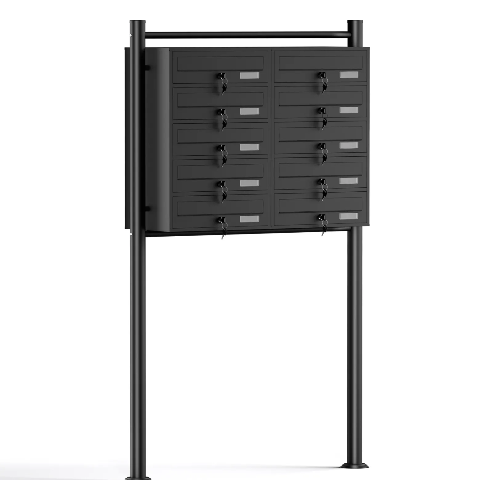 Wiltec 10er Briefkastenanlage schwarz 945 x 270 x 1500 mm, Standbriefkasten mit 2x5 Fächern, Schlüssel und Namensschild, Briefkasten Postkasten mit Ständer