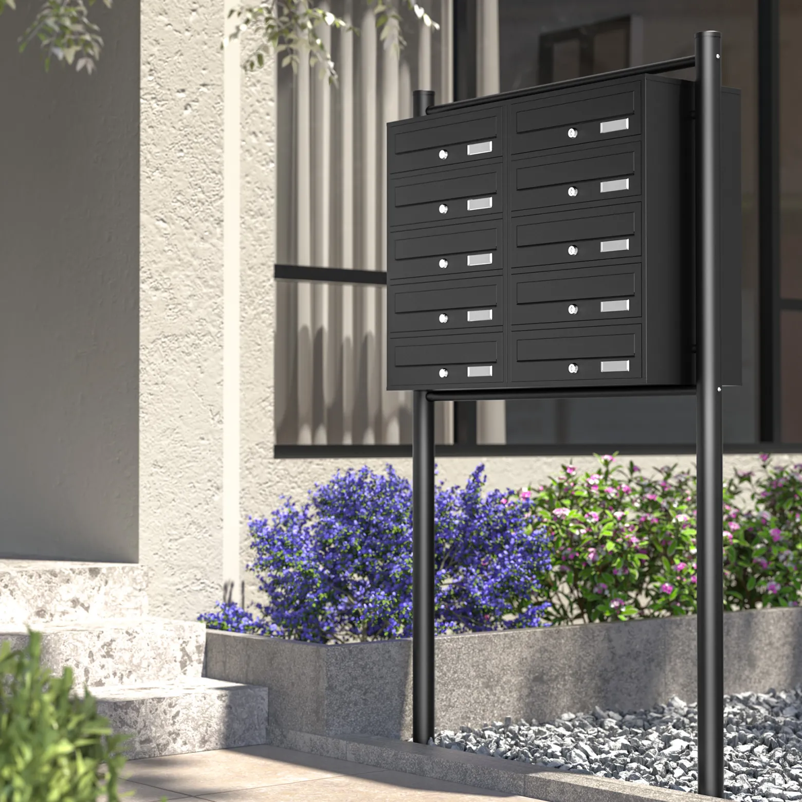 Wiltec 10er Briefkastenanlage schwarz 945 x 270 x 1500 mm, Standbriefkasten mit 2x5 Fächern, Schlüssel und Namensschild, Briefkasten Postkasten mit Ständer
