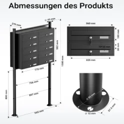 Wiltec 10er Briefkastenanlage schwarz 945 x 270 x 1500 mm, Standbriefkasten mit 2x5 Fächern, Schlüssel und Namensschild, Briefkasten Postkasten mit Ständer