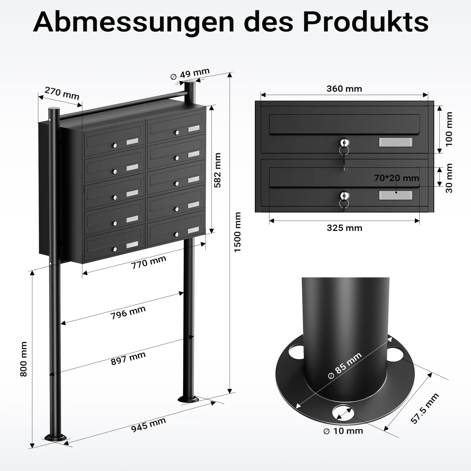 Wiltec 10er Briefkastenanlage schwarz 945 x 270 x 1500 mm, Standbriefkasten mit 2x5 Fächern, Schlüssel und Namensschild, Briefkasten Postkasten mit Ständer