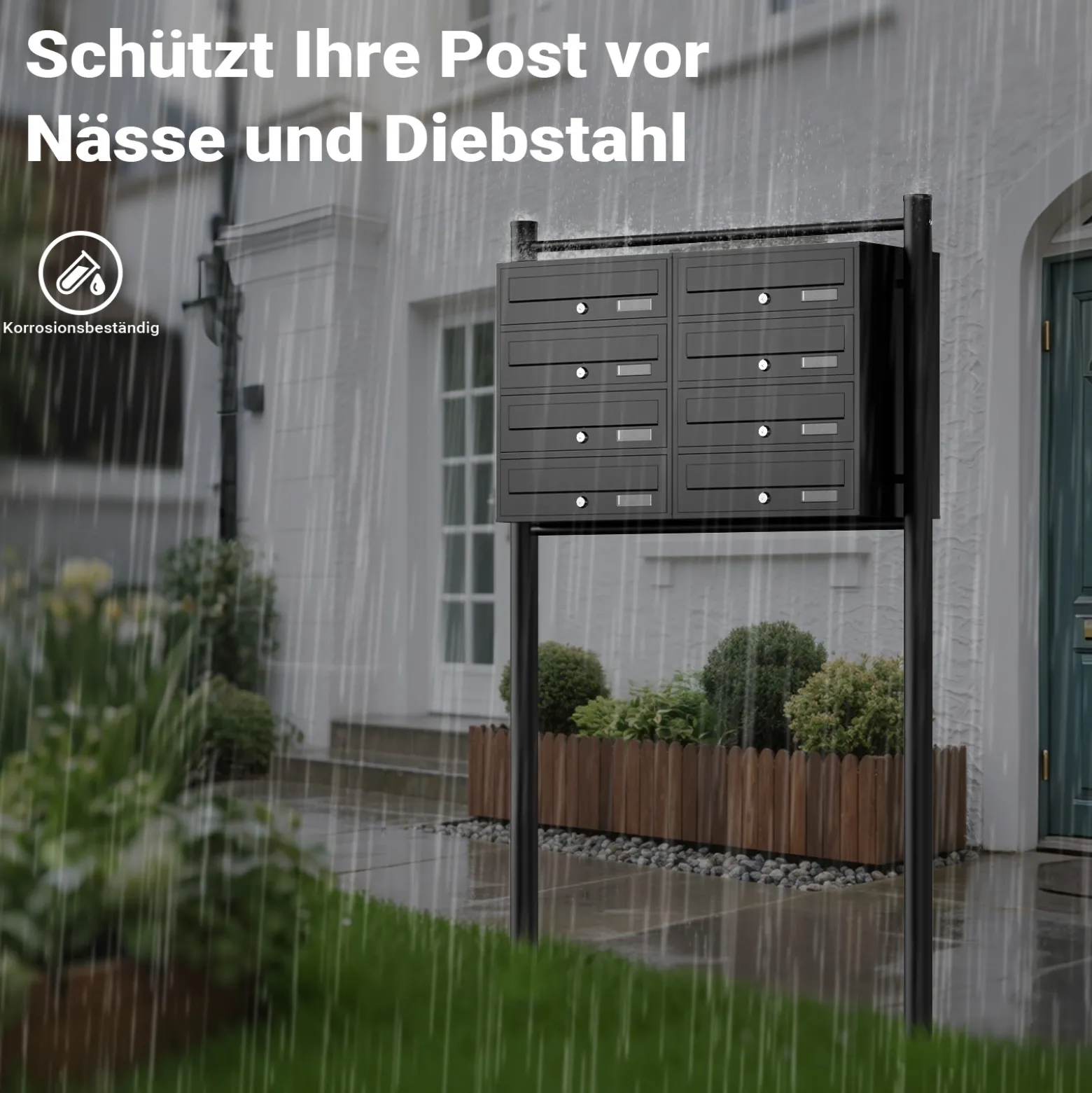 Wiltec 8er Briefkastenanlage schwarz 945 x 270 x 1500 mm, Standbriefkasten mit 2x4 Fächern, Schlüssel und Namensschild, Briefkasten Postkasten mit Ständer
