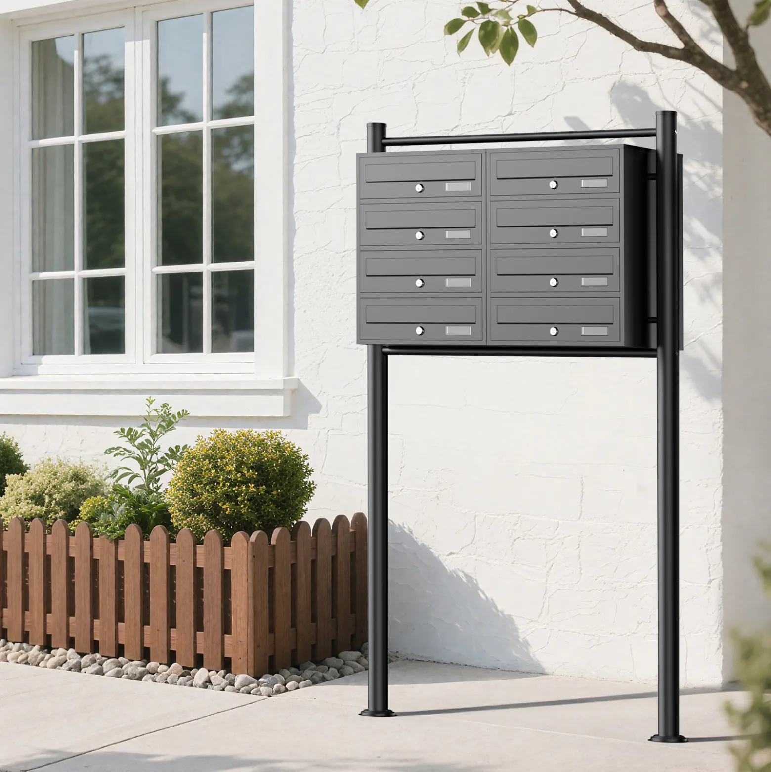 Wiltec 8er Briefkastenanlage schwarz 945 x 270 x 1500 mm, Standbriefkasten mit 2x4 Fächern, Schlüssel und Namensschild, Briefkasten Postkasten mit Ständer