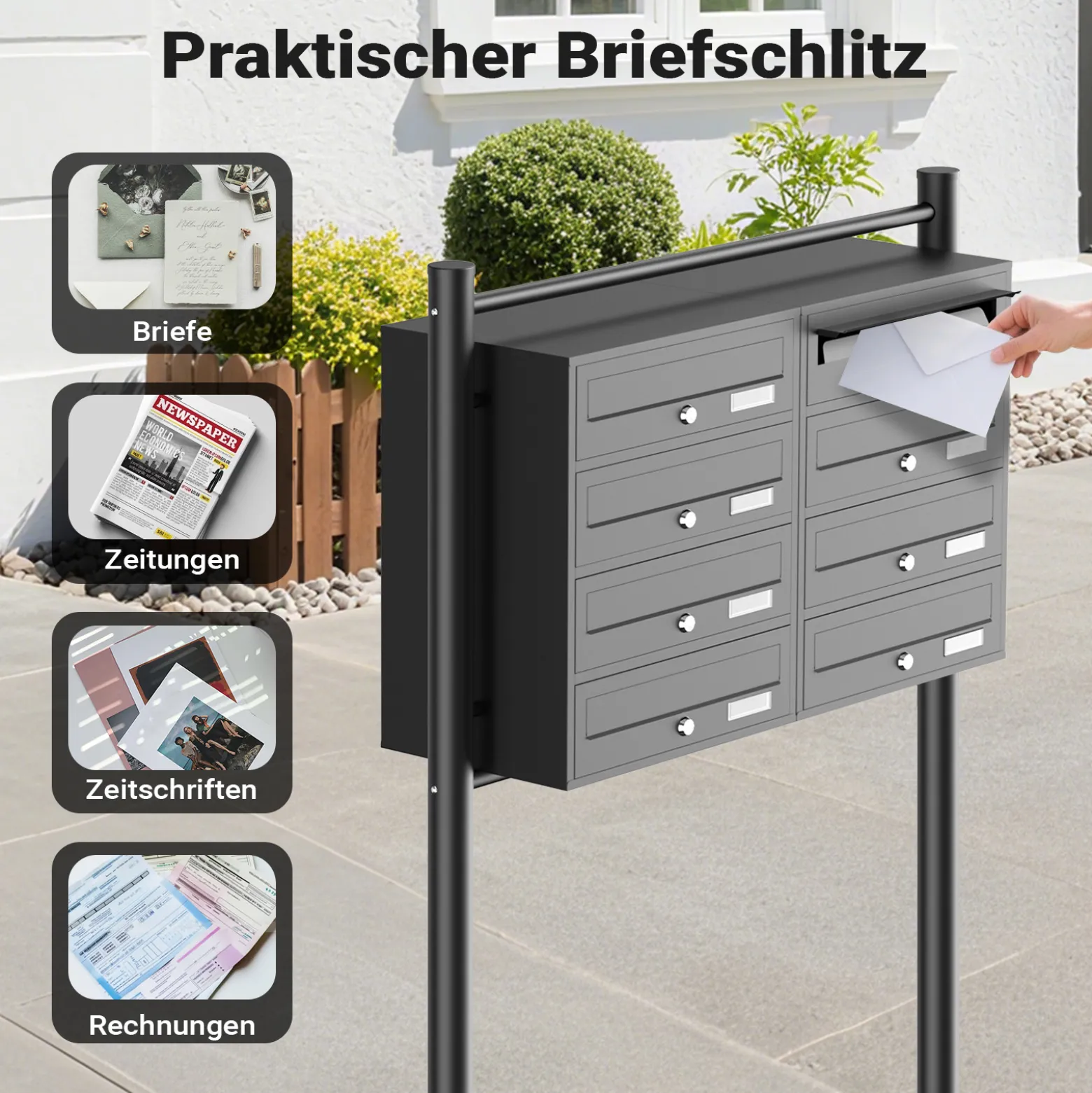 Wiltec 8er Briefkastenanlage schwarz 945 x 270 x 1500 mm, Standbriefkasten mit 2x4 Fächern, Schlüssel und Namensschild, Briefkasten Postkasten mit Ständer
