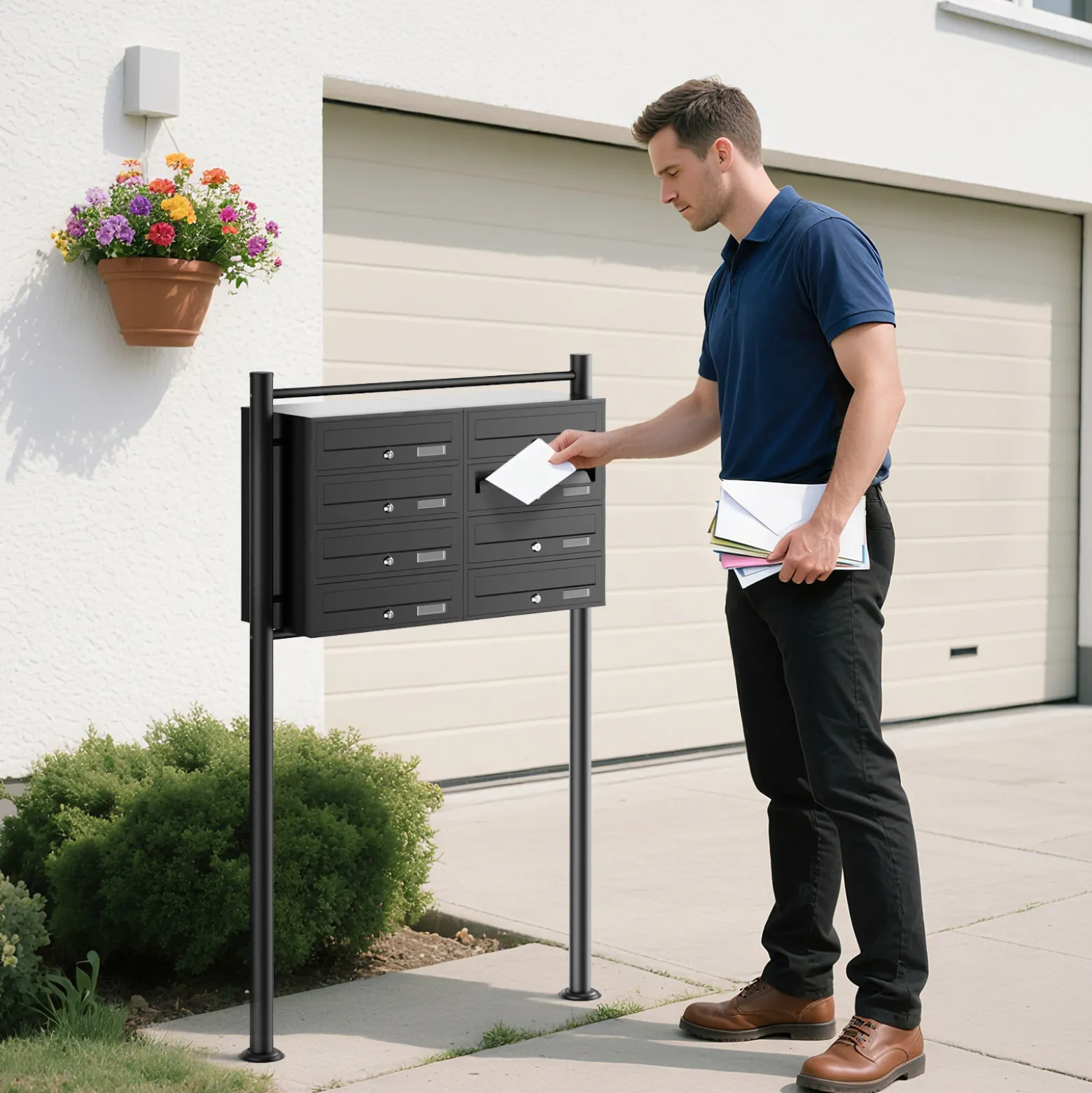 Wiltec 8er Briefkastenanlage schwarz 945 x 270 x 1500 mm, Standbriefkasten mit 2x4 Fächern, Schlüssel und Namensschild, Briefkasten Postkasten mit Ständer