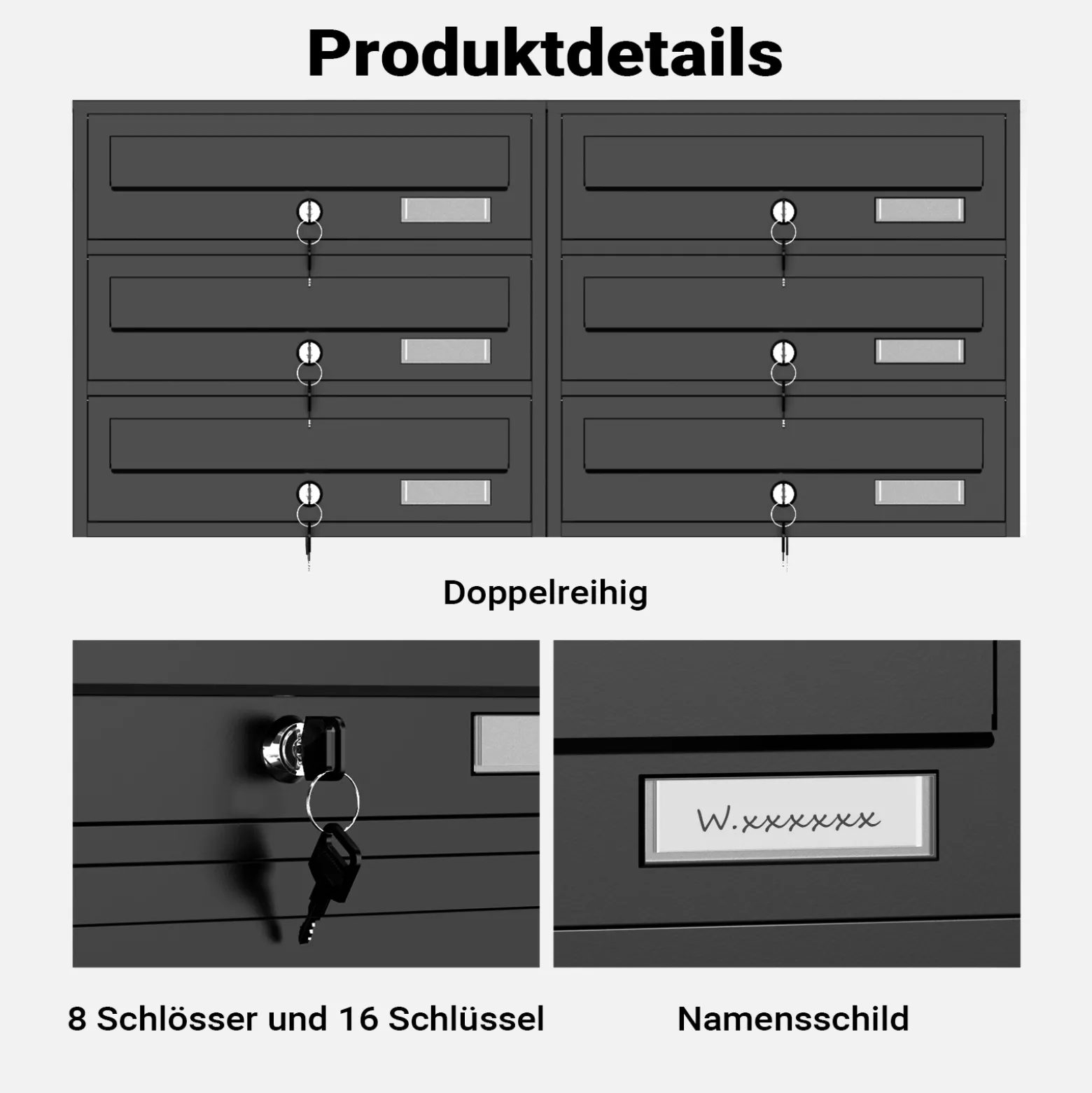 Wiltec 8er Briefkastenanlage schwarz 945 x 270 x 1500 mm, Standbriefkasten mit 2x4 Fächern, Schlüssel und Namensschild, Briefkasten Postkasten mit Ständer