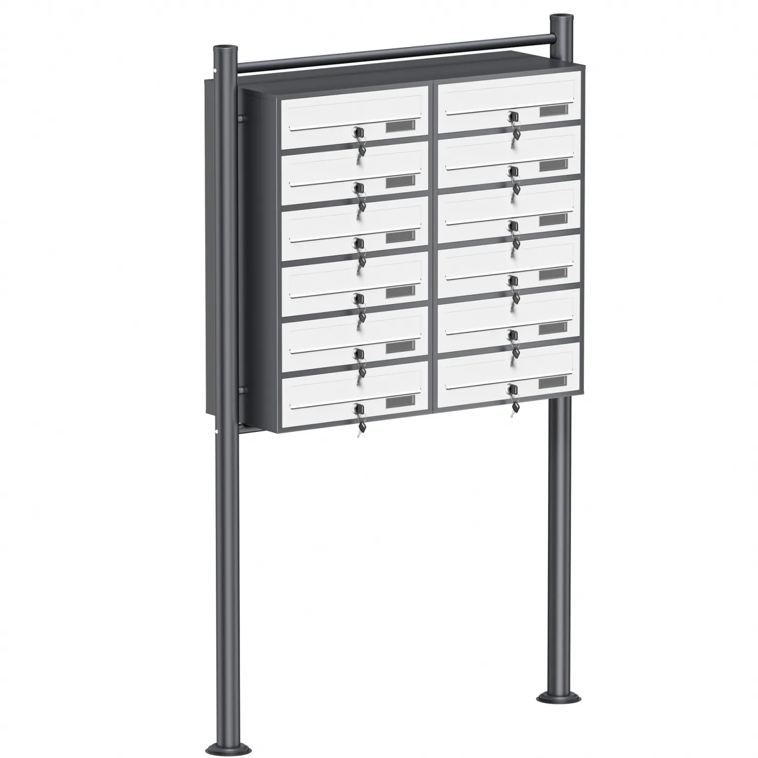 Wiltec 12er Briefkastenanlage Weiß/Anthrazit 945 x 270 x 1500 mm, Standbriefkasten mit 2x6 Fächern, Schlüssel und Namensschild, Briefkasten Postkasten mit Ständer