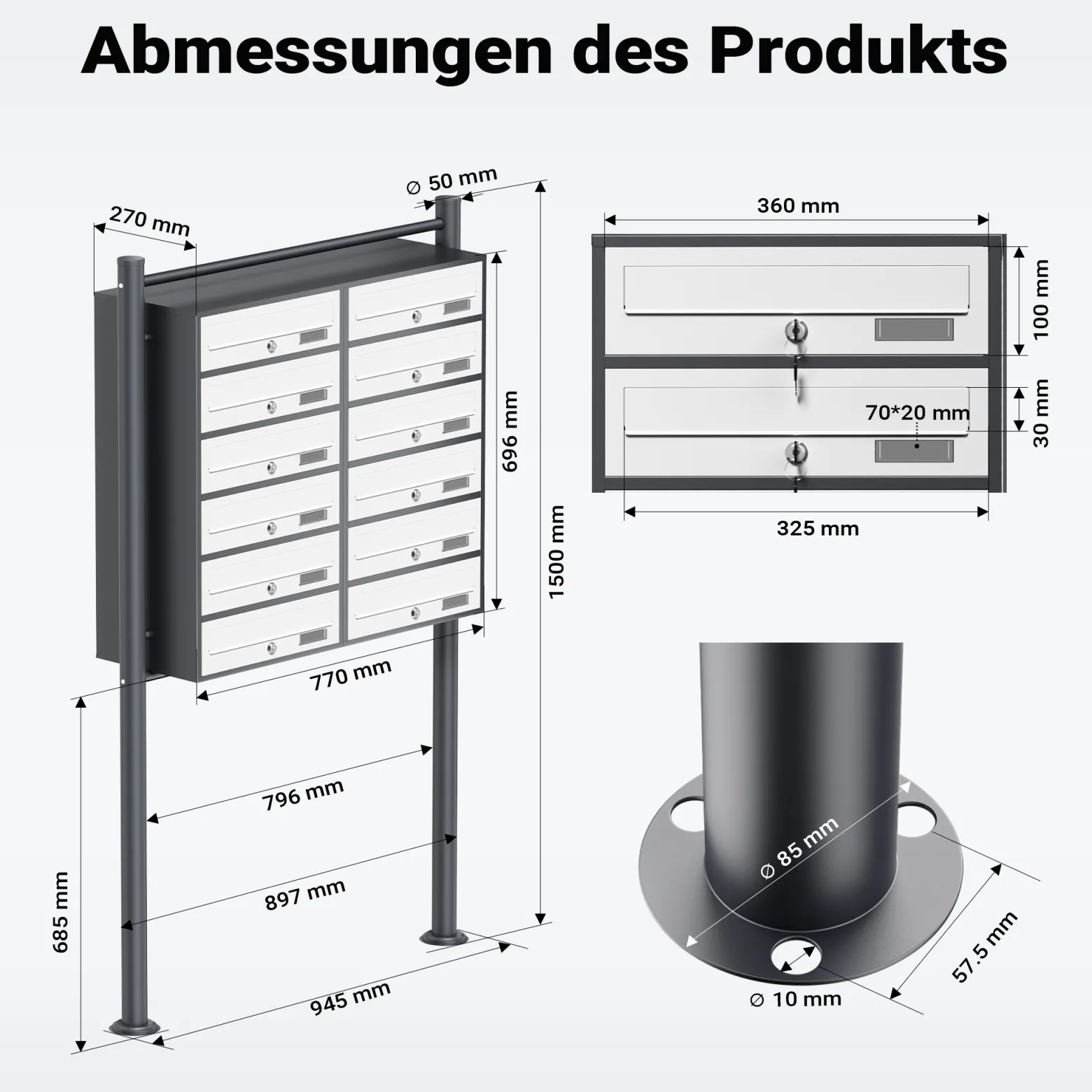 Wiltec 12er Briefkastenanlage Weiß/Anthrazit 945 x 270 x 1500 mm, Standbriefkasten mit 2x6 Fächern, Schlüssel und Namensschild, Briefkasten Postkasten mit Ständer