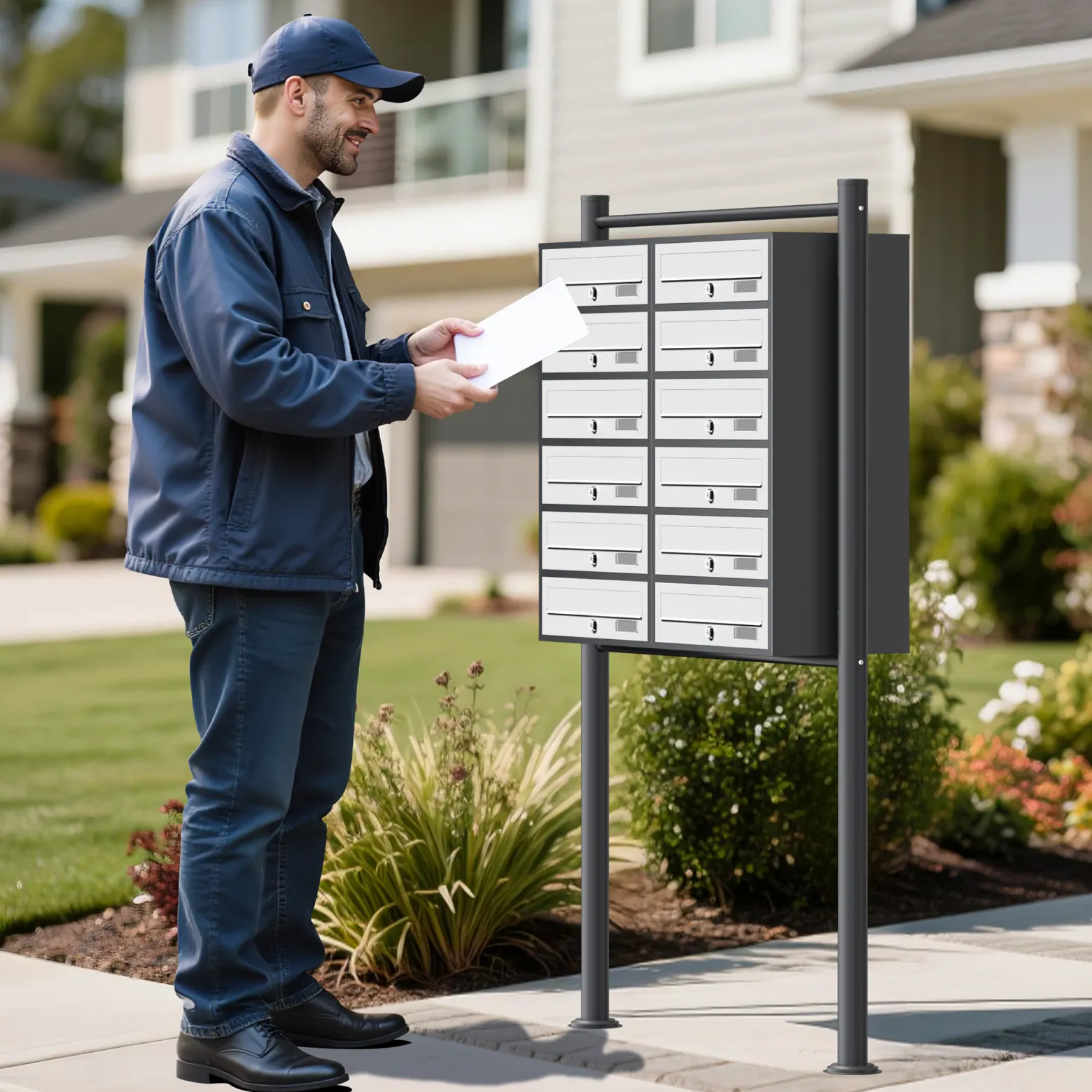 Wiltec 12er Briefkastenanlage Weiß/Anthrazit 945 x 270 x 1500 mm, Standbriefkasten mit 2x6 Fächern, Schlüssel und Namensschild, Briefkasten Postkasten mit Ständer
