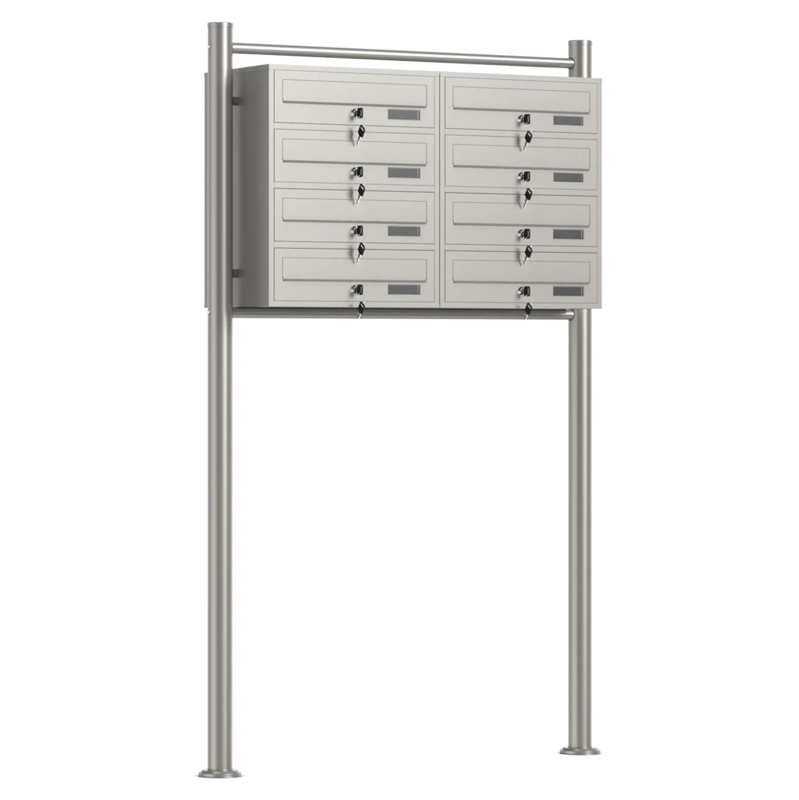 Wiltec 8er Briefkastenanlage Edelstahl 945 x 270 x1500 mm, Standbriefkasten mit 2x4 Fächern, Schlüssel und Namensschild, Briefkasten Postkasten mit Ständer