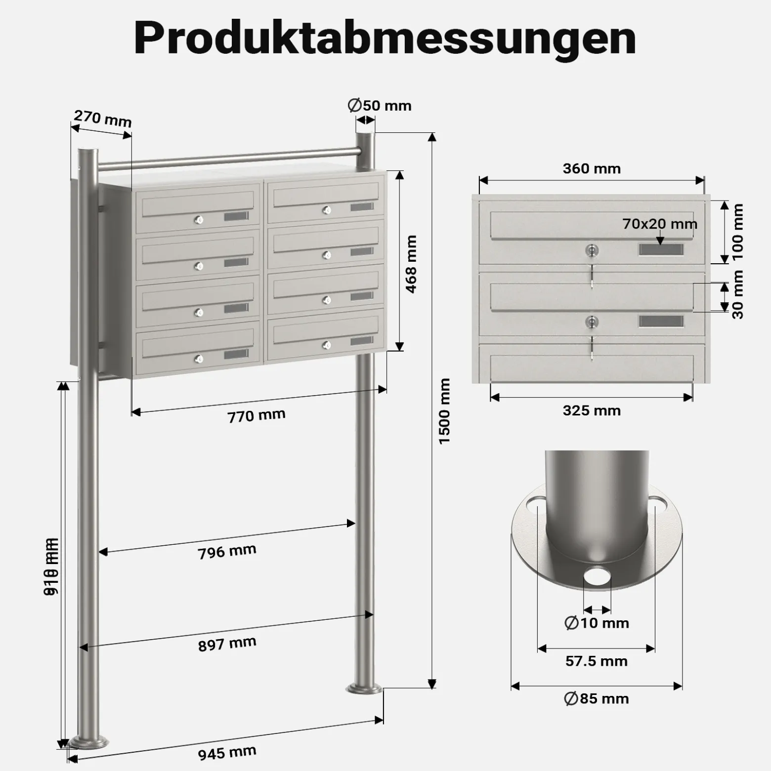 Wiltec 8er Briefkastenanlage Edelstahl 945 x 270 x1500 mm, Standbriefkasten mit 2x4 Fächern, Schlüssel und Namensschild, Briefkasten Postkasten mit Ständer