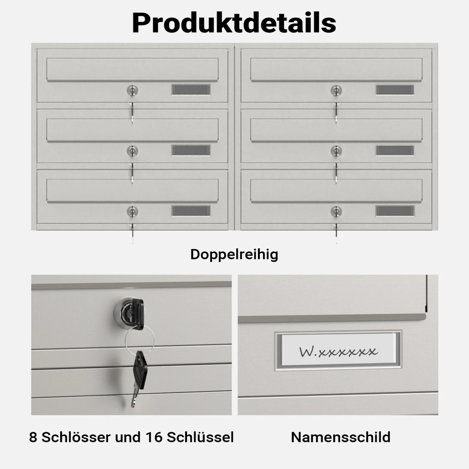 Wiltec 8er Briefkastenanlage Edelstahl 945 x 270 x1500 mm, Standbriefkasten mit 2x4 Fächern, Schlüssel und Namensschild, Briefkasten Postkasten mit Ständer