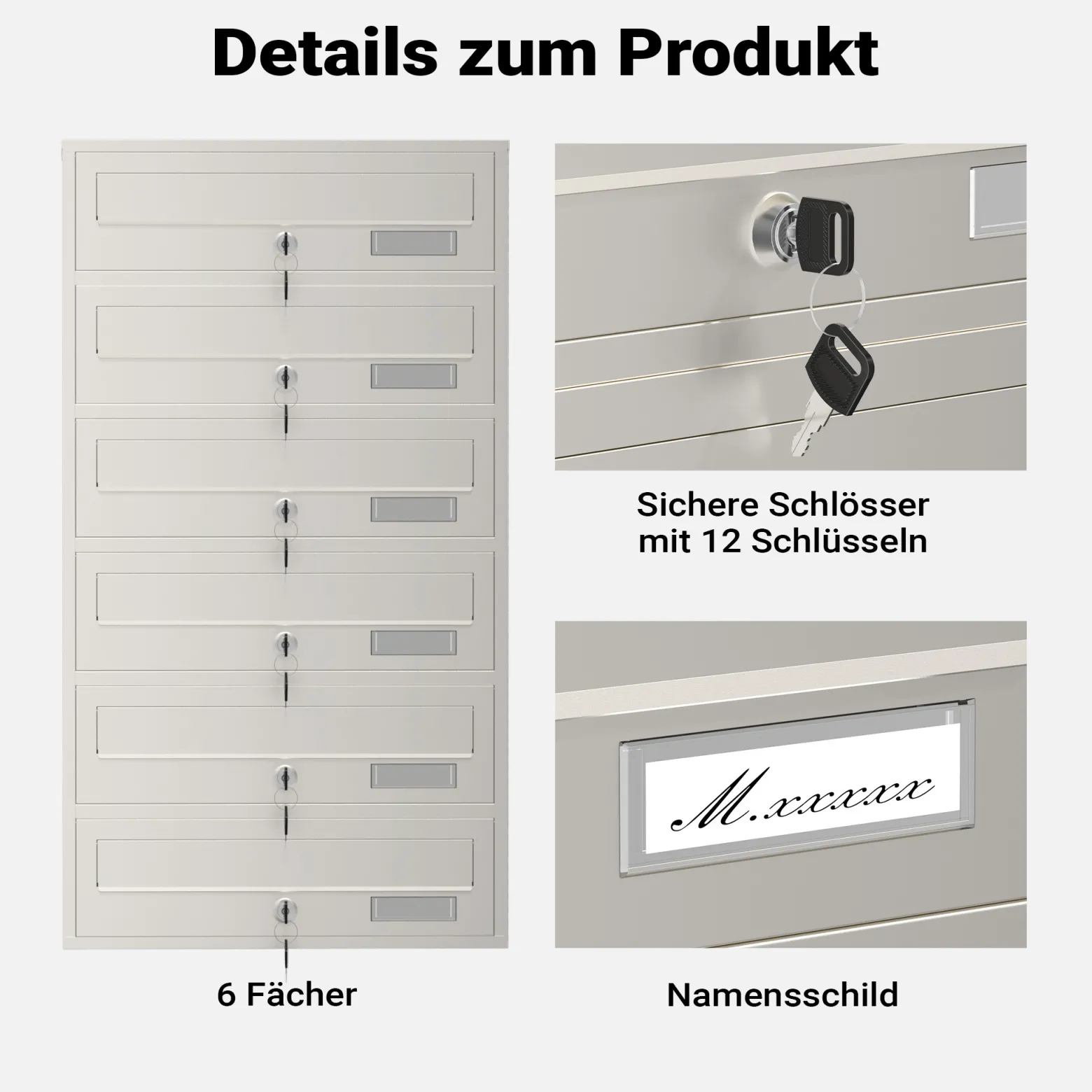 Wiltec 6er Briefkastenanlage Edelstahl 556 x 270 x 1500 mm, Standbriefkasten mit 6 Fächern, Schlüssel und Namensschild, Briefkasten Postkasten mit Ständer