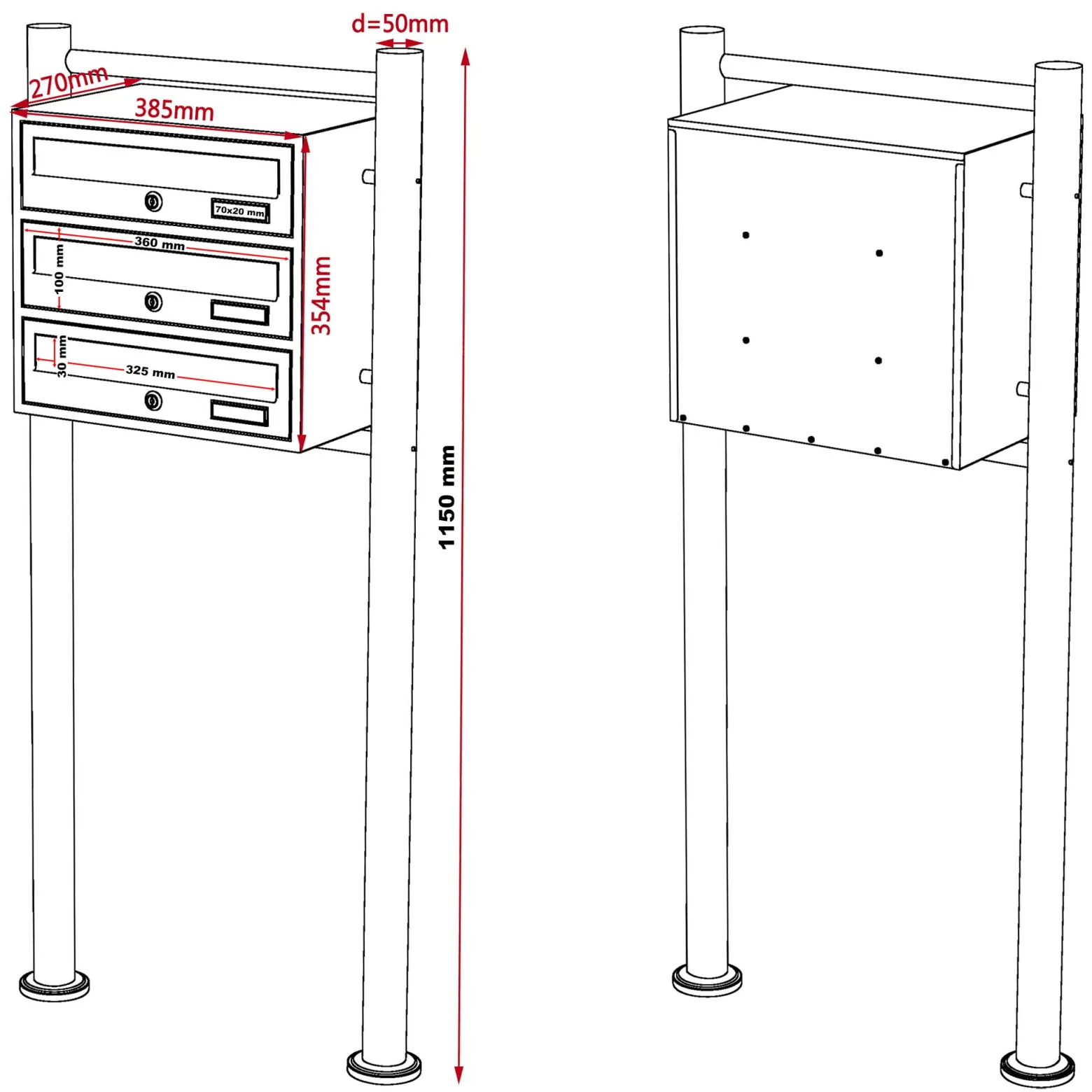 Wiltec 3er Briefkastenanlage weiß 513 x 270 x 1150 mm, Standbriefkasten mit 3 Fächern, Schlüssel und Namensschild, Briefkasten Postkasten mit Ständer