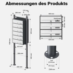 Wiltec 6er Briefkastenanlage Weiß/Anthrazit 556 x 270 x 1500 mm, Standbriefkasten mit 6 Fächern, Schlüssel und Namensschild, Briefkasten Postkasten mit Ständer
