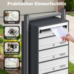 Wiltec 6er Briefkastenanlage Weiß/Anthrazit 556 x 270 x 1500 mm, Standbriefkasten mit 6 Fächern, Schlüssel und Namensschild, Briefkasten Postkasten mit Ständer