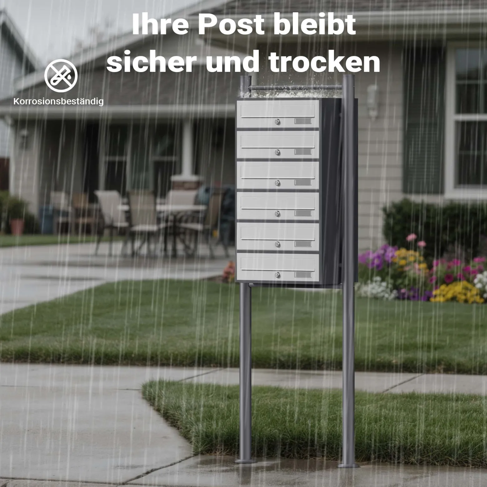 Wiltec 6er Briefkastenanlage Weiß/Anthrazit 556 x 270 x 1500 mm, Standbriefkasten mit 6 Fächern, Schlüssel und Namensschild, Briefkasten Postkasten mit Ständer
