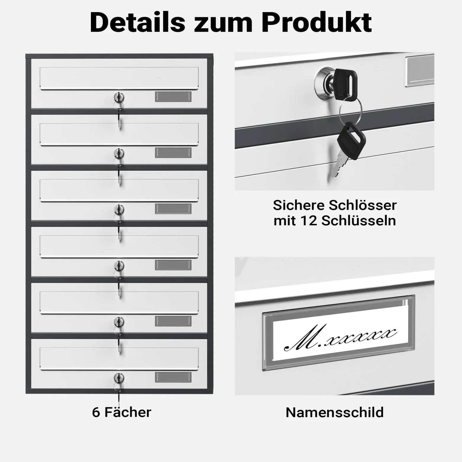 Wiltec 6er Briefkastenanlage Weiß/Anthrazit 556 x 270 x 1500 mm, Standbriefkasten mit 6 Fächern, Schlüssel und Namensschild, Briefkasten Postkasten mit Ständer