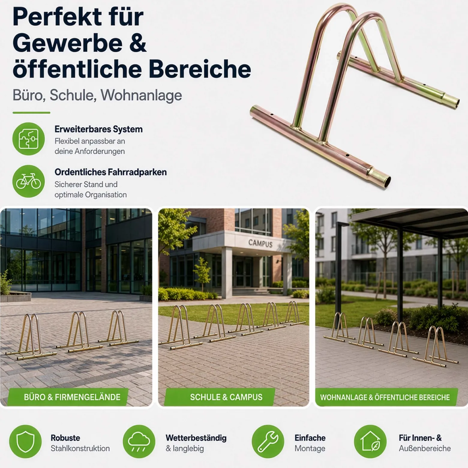 Wiltec Fahrradständer für 1 Fahrrad 39,5x39x26cm aus eloxiertem Stahl beliebig erweiterbar, zur Bodenmontage Fahrradbügel Seitenständer
