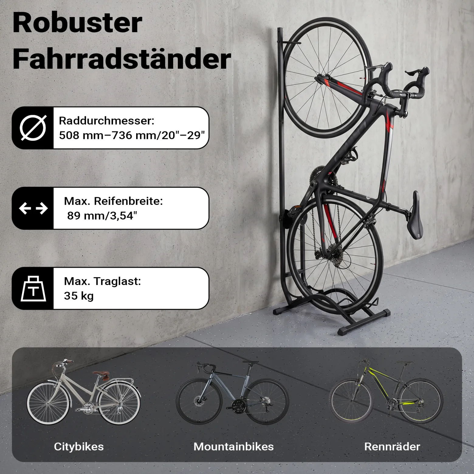 Wiltec Fahrradständer vertikal Typ 02 Universal Fahrradhalter 400 x 460 x 1300 mm bis 35 kg, Radständer mit höhenverstellbaren Ratschenhaken mit Push In System