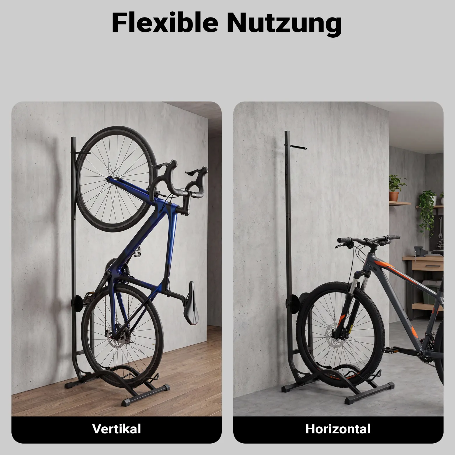 Wiltec Fahrradständer vertikal Typ 02 Universal Fahrradhalter 400 x 460 x 1300 mm bis 35 kg, Radständer mit höhenverstellbaren Ratschenhaken mit Push In System