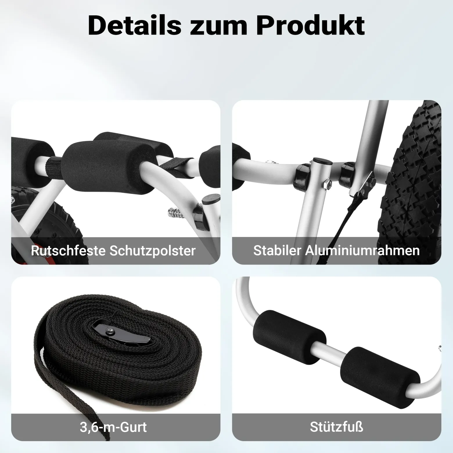 Wiltec faltbarer Alu Kanuwagen bis 45 kg, Transportwagen für Boote, Kanus und Kajaks, Surfwagen mit Polstern und Gurtband, SUP-Wagen mit Luftreifen, stabiler SUP-Trolley