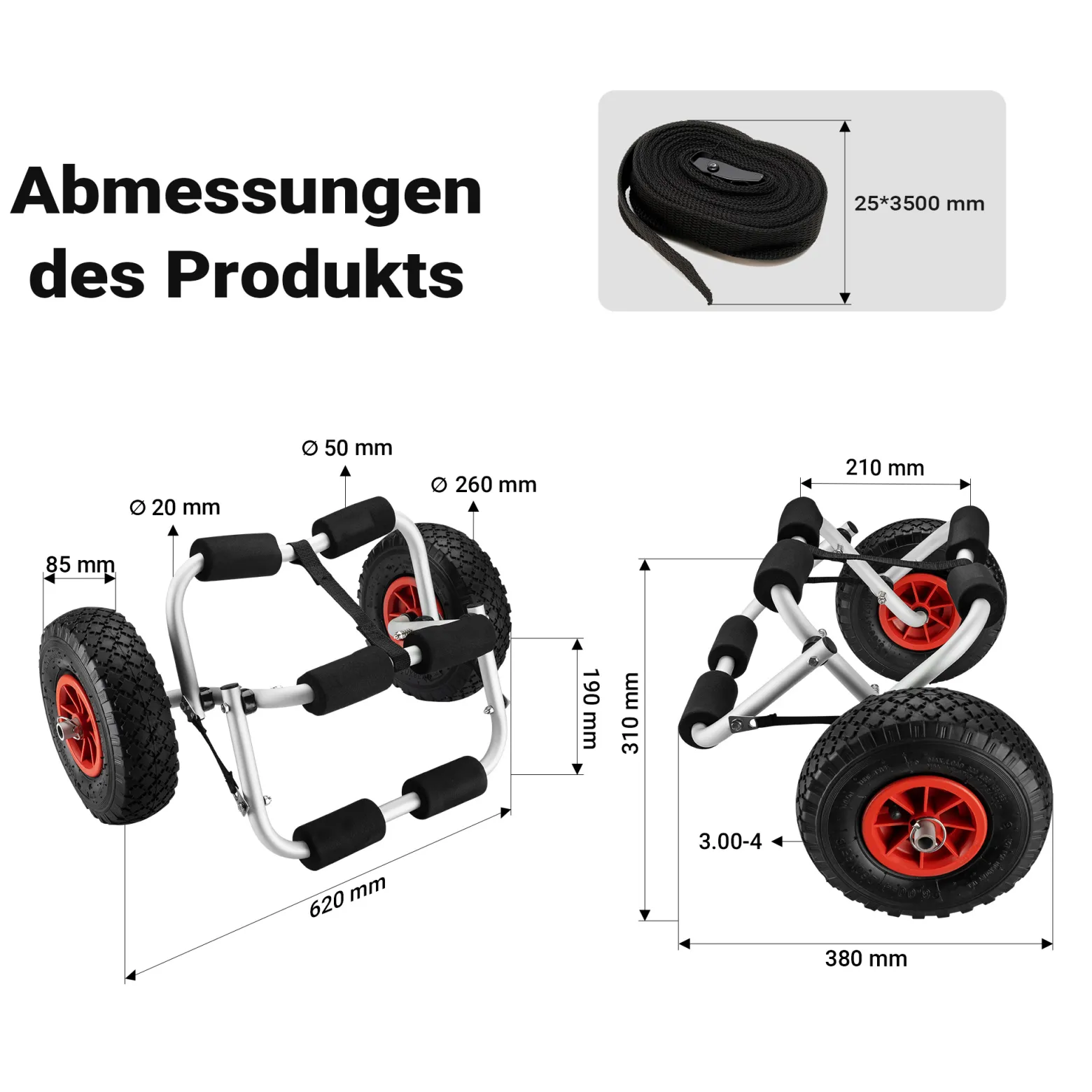 Wiltec faltbarer Alu Kanuwagen bis 45 kg, Transportwagen für Boote, Kanus und Kajaks, Surfwagen mit Polstern und Gurtband, SUP-Wagen mit Luftreifen, stabiler SUP-Trolley